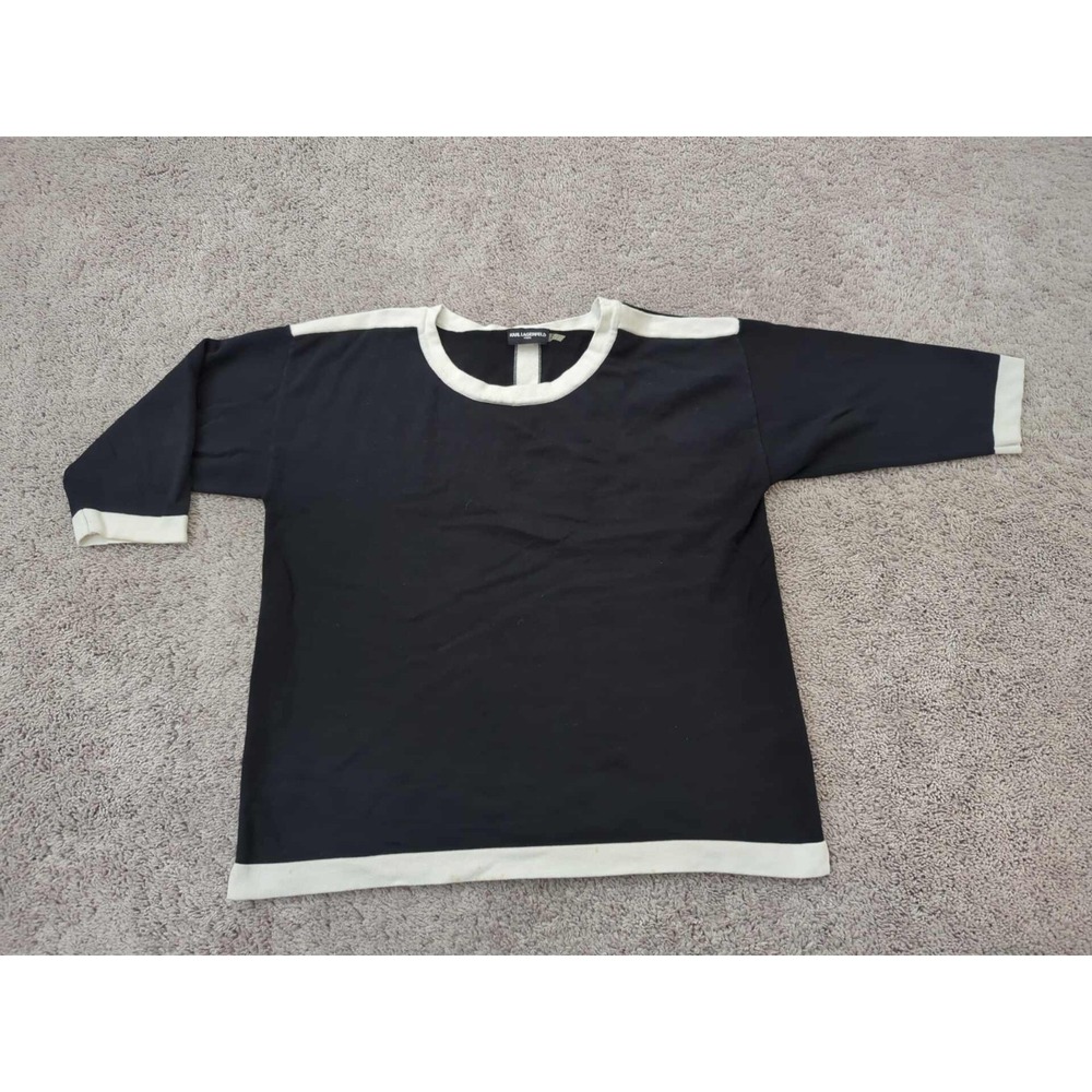 Karl Lagerfeld Sweater Top Womens XL‎ Black White Contrast Trim 3/4 Sleeve